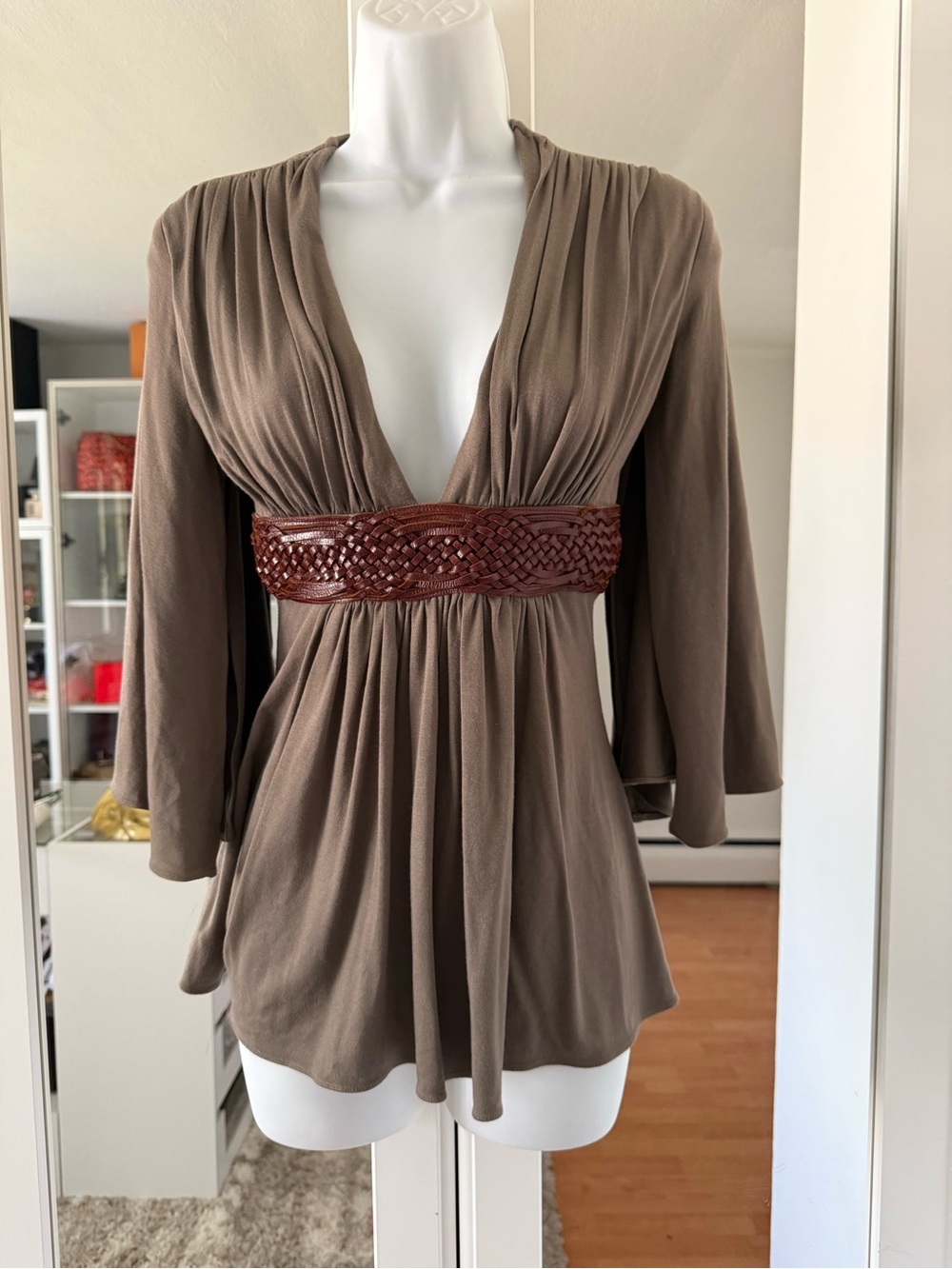 Sky Brand Women’s V-Neck Empire Waist Top with Braided Belt style on front
